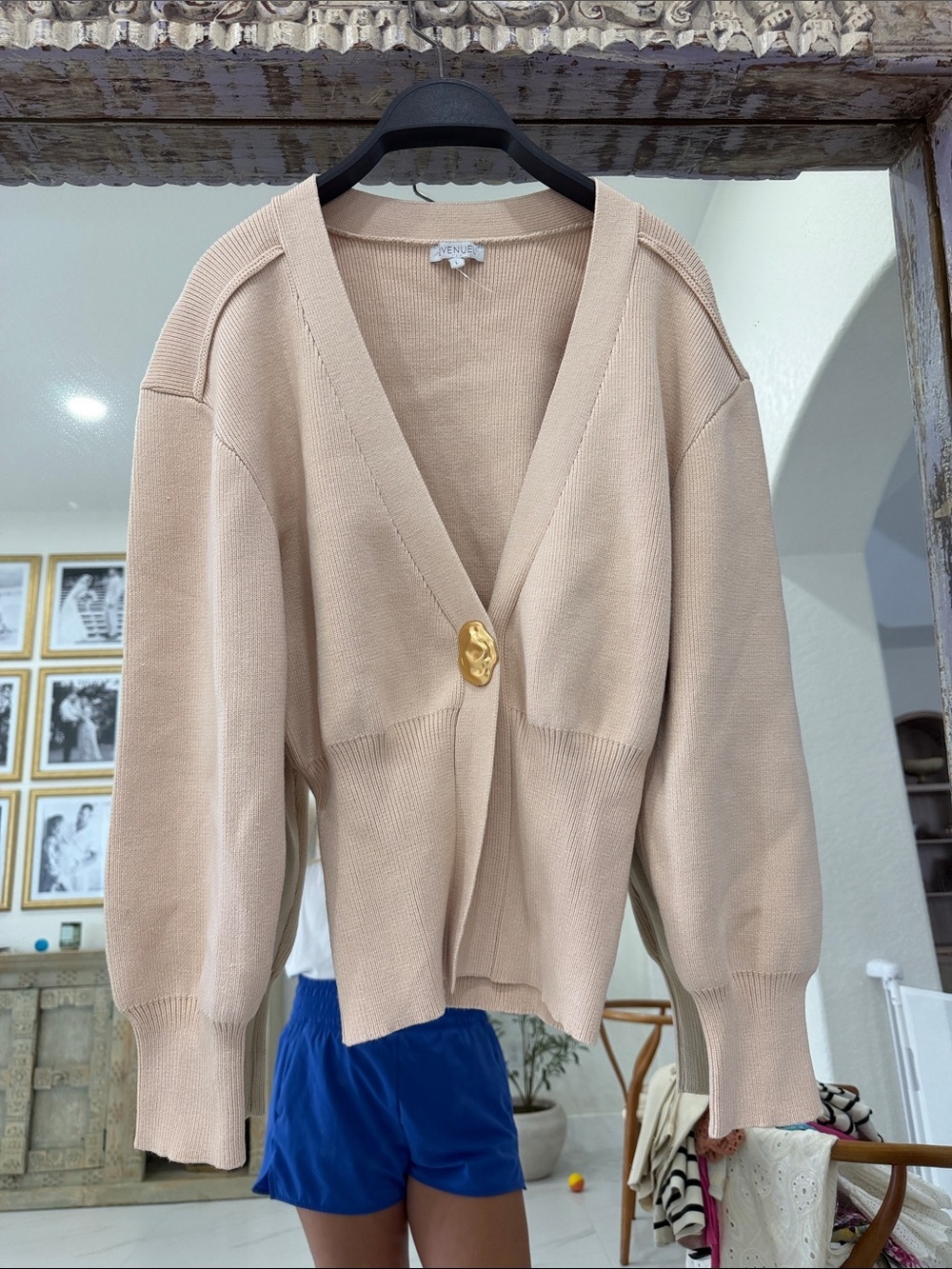 Single-Button V-Neck Cardigan in Beige